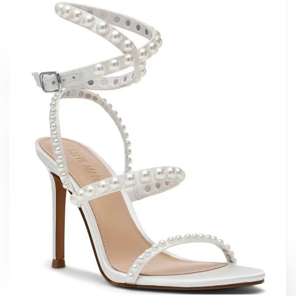 Steve Madden Heeled Sandals 10 White Satin Teena Pearls Bridal Wedding New $140